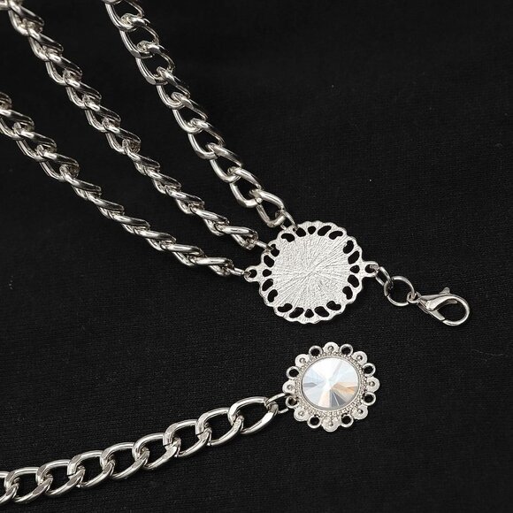 Women's Crystal Silver Multi-layer Metal Waist Chain Dress Belts Metal Belt - Picture 3 of 6